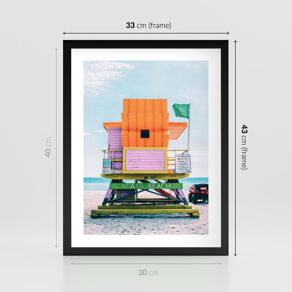 Plakat w ramie 30x40 - Plaża Miami w Słoneczny Dzień - domek ratownika, kolorowy - rama czarna