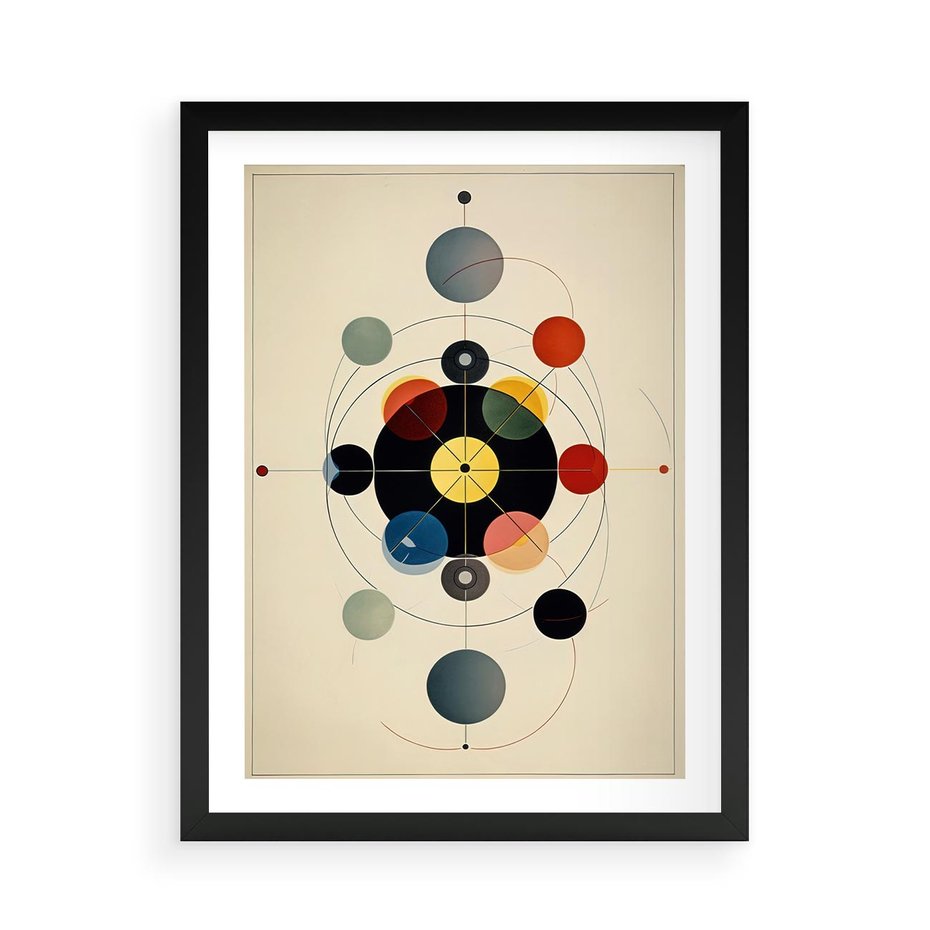 Plakat w ramie 50x70 - Bezgraniczny Taniec Światła - abstrakcyjna geometryczna kompozycja, koła linie - rama czarna