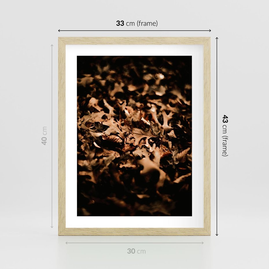 Plakat w ramie 30x40 - Jesienne Liście: Nostalgiczna Kolorystyka - suche liście, jesień - rama drewno