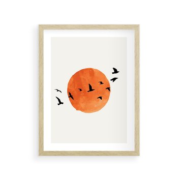 Plakat w ramie 30x40 - Zachód Słońca i Ptaki - grafika akwarela, czarne ptaki na tle zachodu słońca - rama drewno