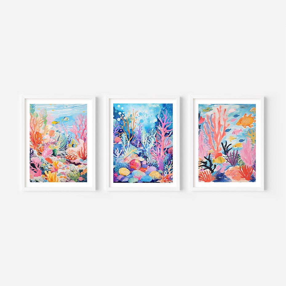 Zestaw obrazy w ramie 50x70 galeria - morze, rybki, akwarela, rafa, koralowa - rama biała