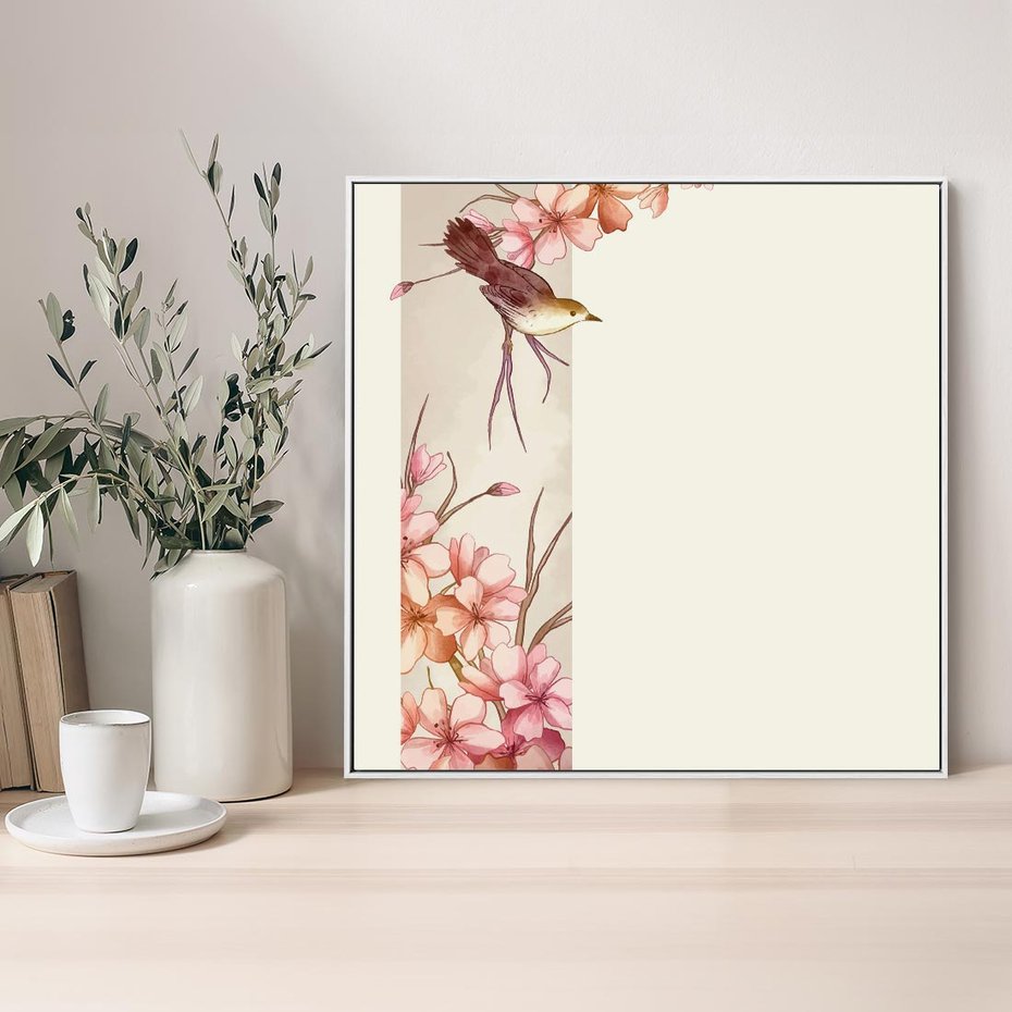 Obraz w ramie 80x80 - Rozkwitające Marzenia - japońska sztuka, ptak - rama biała