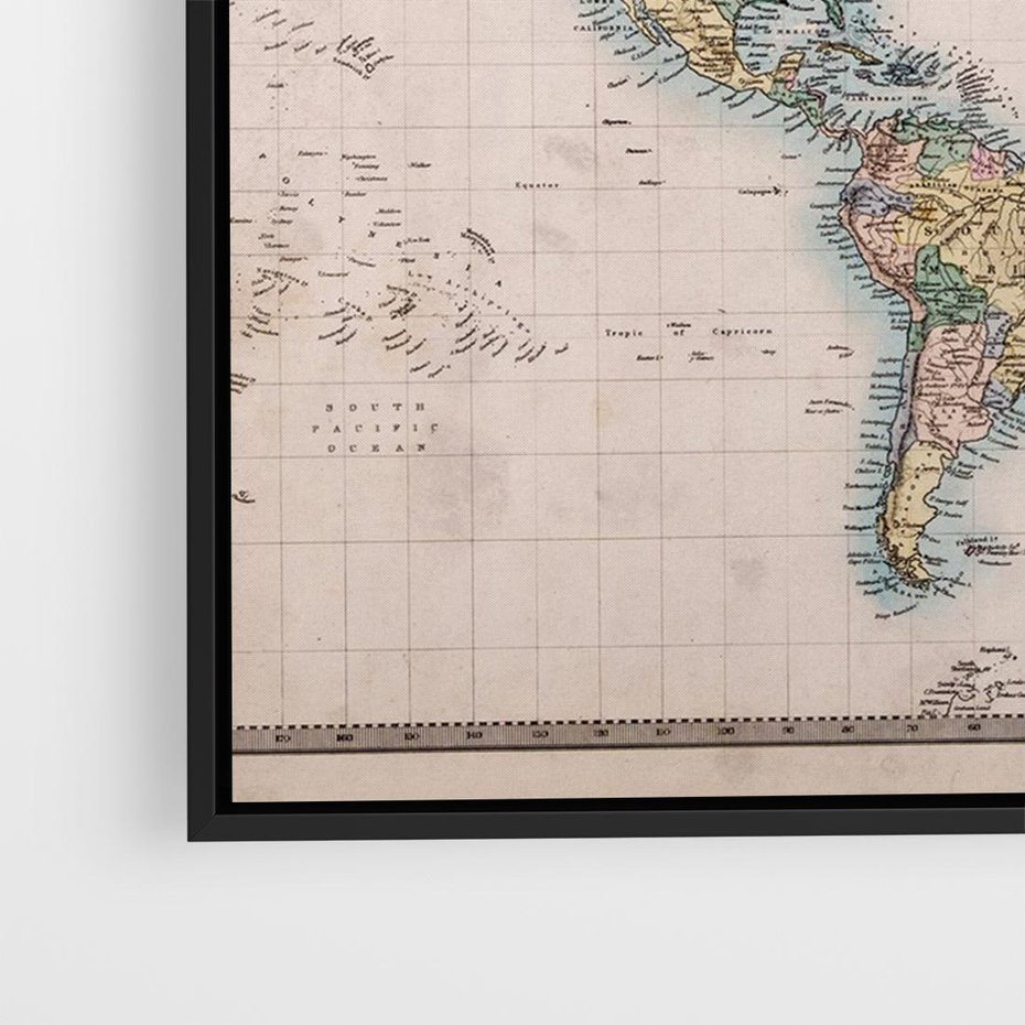 Obraz w ramie 70x50 - Światło Przeszłości - retro mapa świata, mapa - rama czarna