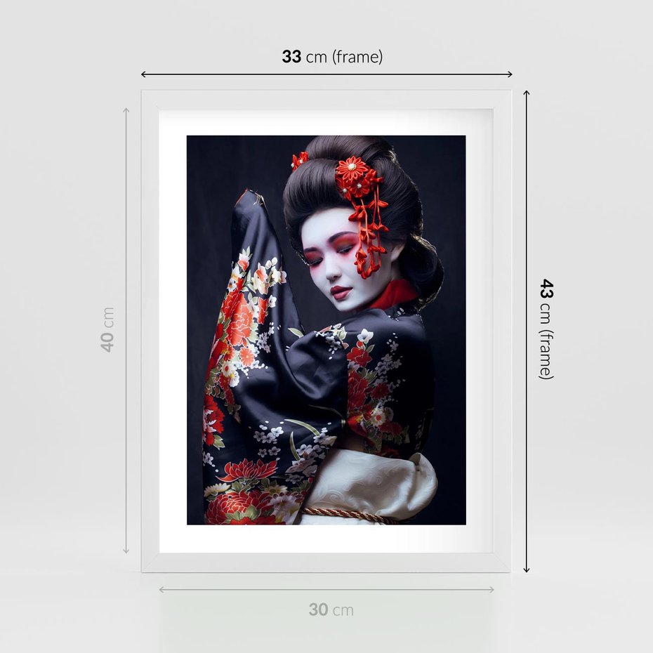 Plakat w ramie 30x40 - Elegancka japońska gejsza - japońska, gejsza - rama biała