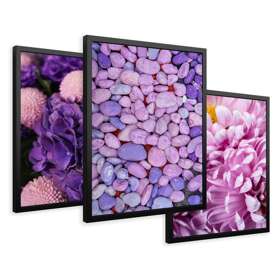 Zestaw obrazy w ramie 30x40 galeria - Fiolet, kwiaty, hortensja, wrzosy - rama czarna
