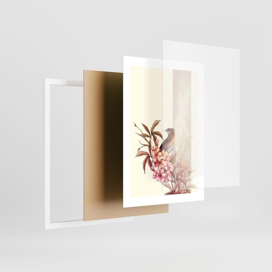 Plakat w ramie 30x40 - Kwiatowe Zanurzenie - japońska sztuka, ptak - rama biała