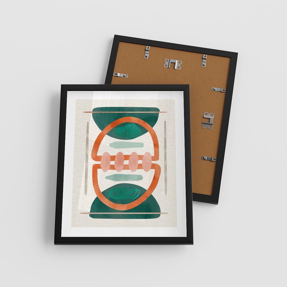 Plakat w ramie 40x50 - Oryginalny obraz abstrakcyjny w nowoczesnym stylu. Geometryczne akwarelowe kształty w intensywnych odcieniach zieleni i pomarańczu. Doskonała dekoracja dla miłośników sztuki. - abstrakcyjny obraz, sztuka nowoczesna - rama czarna