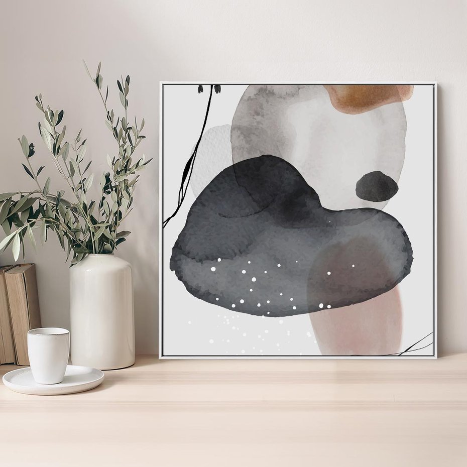 Obraz w ramie 80x80 - Impresje Harmonii - abstrakcyjne plamy akwarelowe, czarny szkic - rama biała