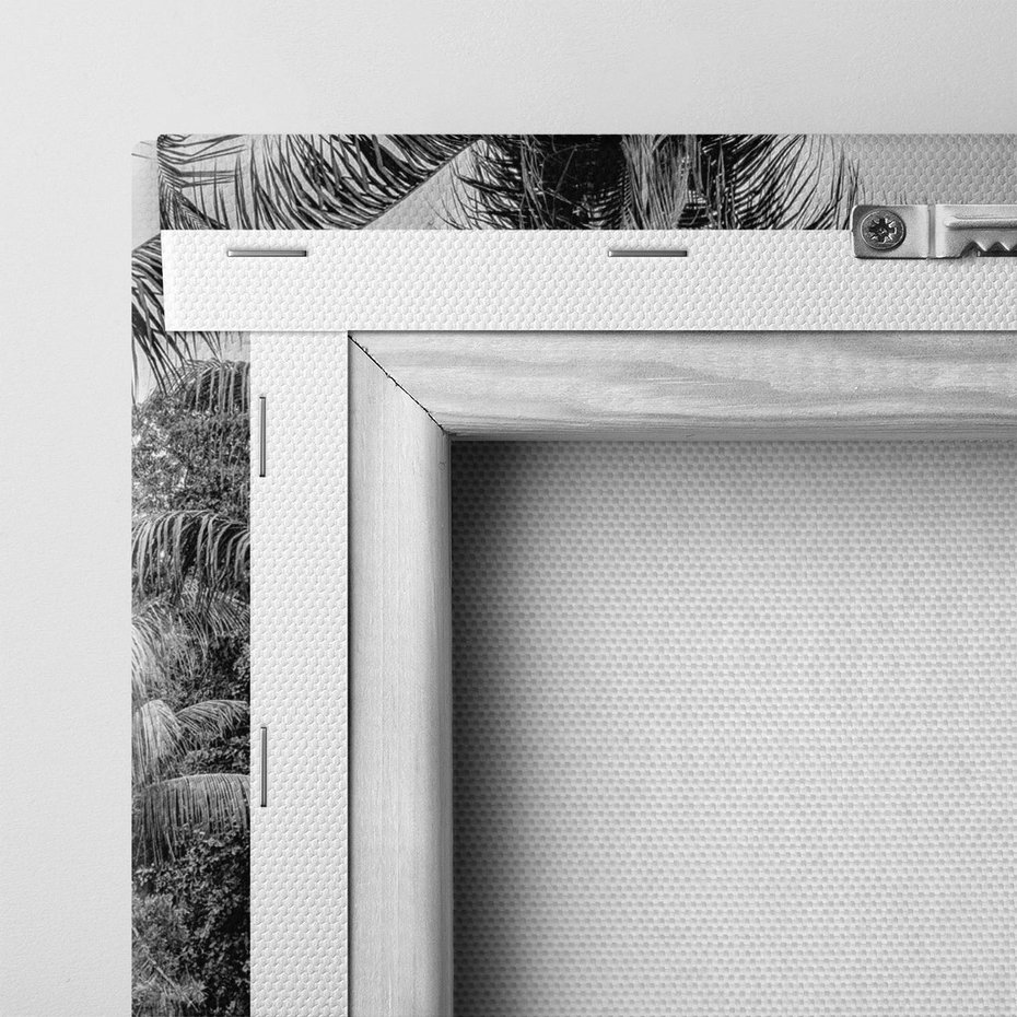 Obraz na płótnie 120x60 - Mroczna Ścieżka Tropików - czarno biała fotografia, ścieżka pośród palm