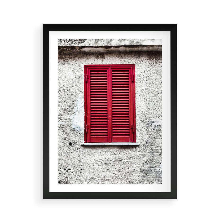 Plakat w ramie 50x70 - Okno z Czerwonymi Okiennicami - stare okno, kamienica - rama czarna