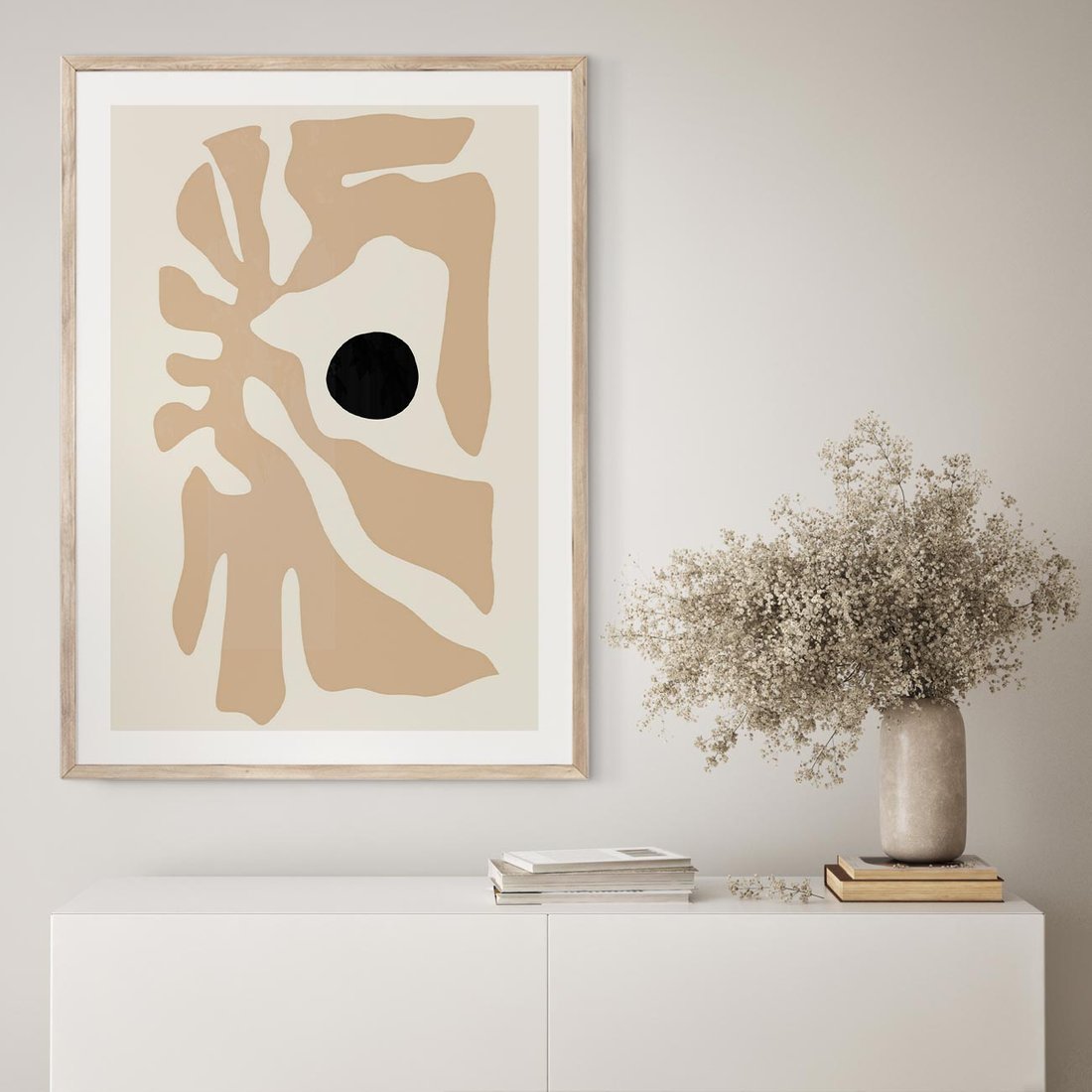 Plakat w ramie 50x70 - Eksploracja Abstrakcji - beżowa absrakcyjna kompozycja, czarny akcent - rama drewno