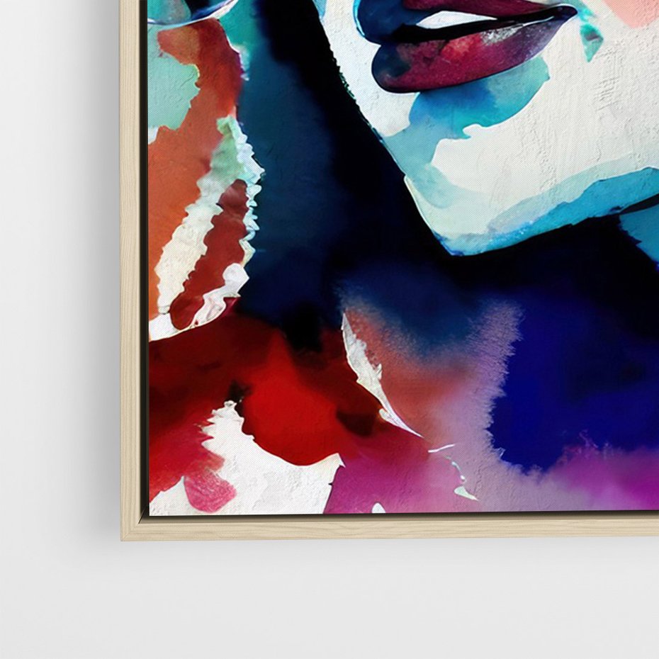 Obraz w ramie 50x70 - Abstrakcyjna ekstaza barw - abstrakcyjny portret kobiety, szkic czarną kreską - rama drewno