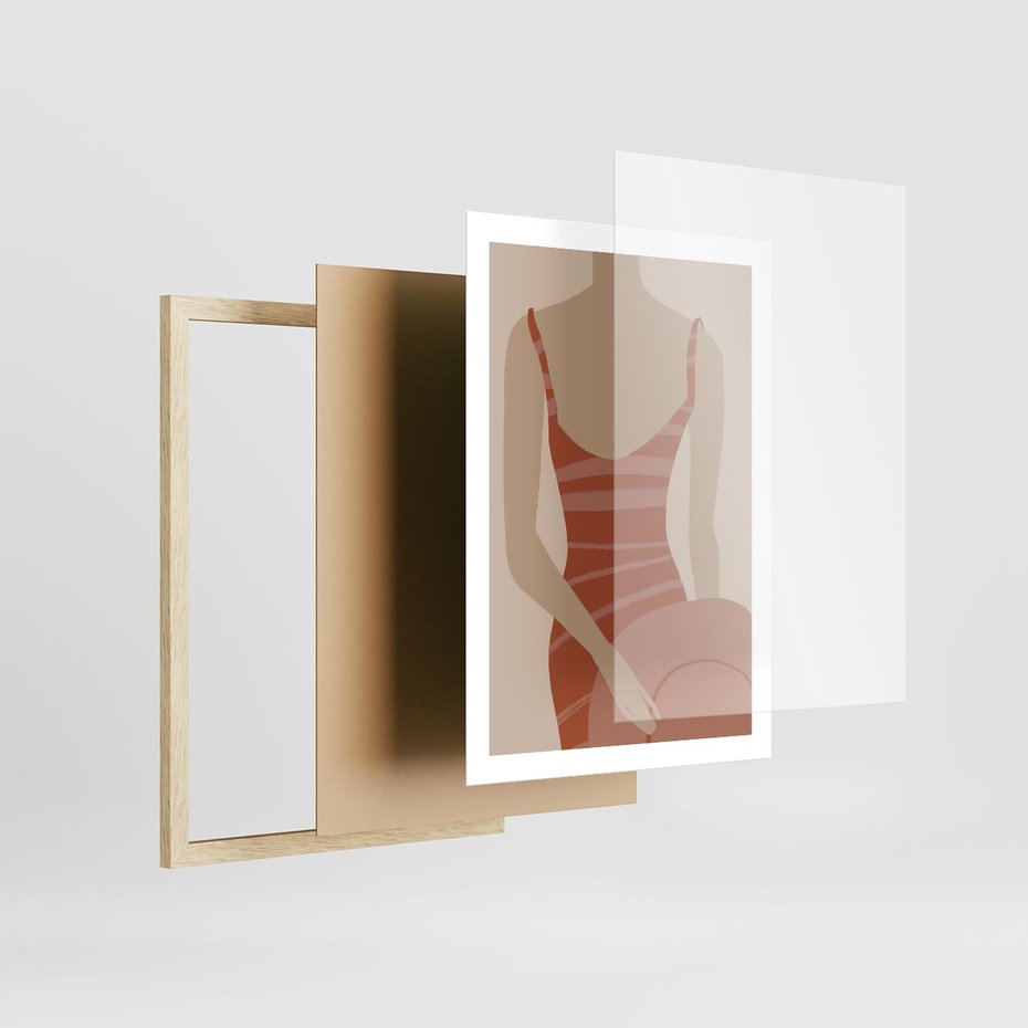 Plakat w ramie 50x70 - Kobiece Retro - minimalistyczny boho plakat, retro kobieta w stroju kąpielowym - rama drewno