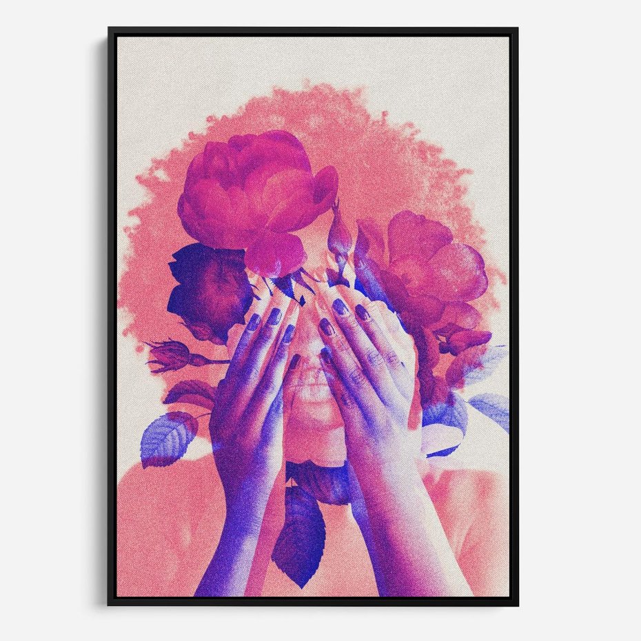 Obraz w ramie 50x70 - Kwiaty we Włosach - różowa postać, grafika - rama czarna