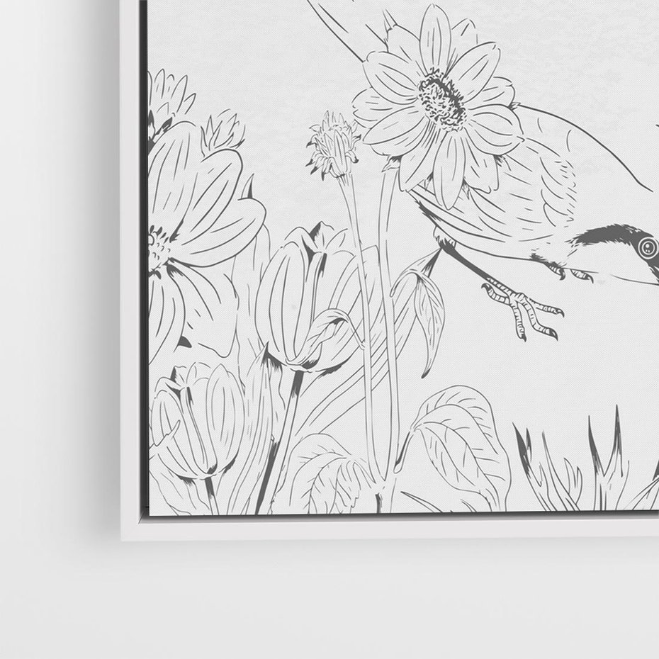 Obraz w ramie 50x50 - Tropiki w Monochromie - czarno biały szkic, tropikalne ptaki - rama biała