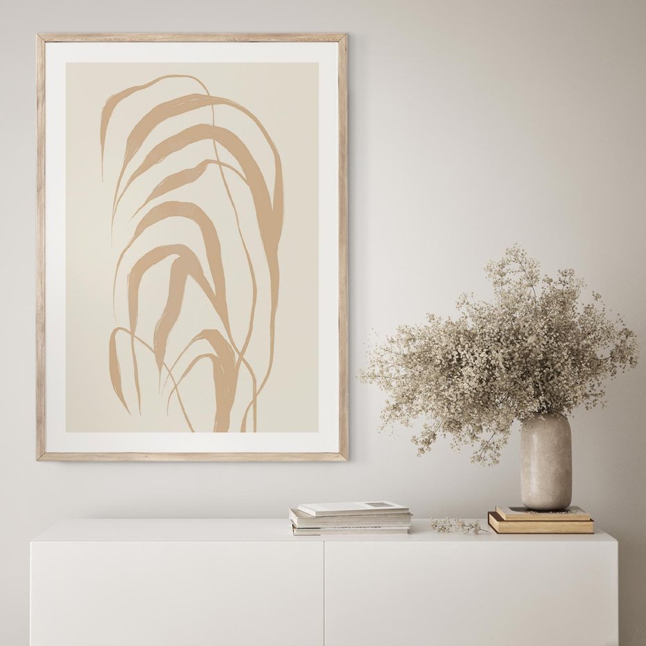 Plakat w ramie 30x40 - Formy Nowoczesności - minimalistyczny plakat, liście palmy - rama drewno