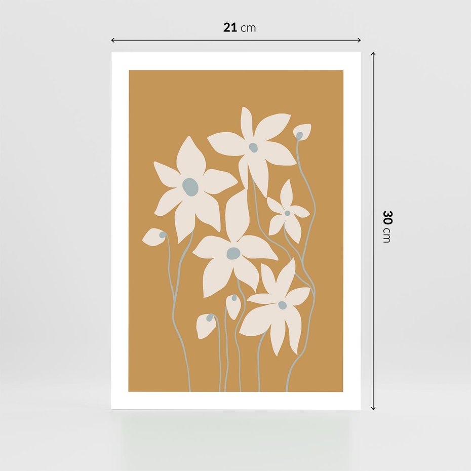 Plakat bez ramy 21x30 - Kwiatowy Spektakl - minimalistyczne kwiaty, na pomarańczowym tle
