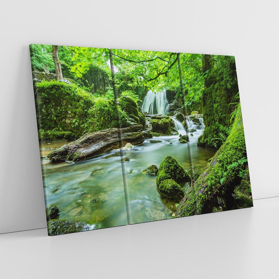 Obraz na płótnie 120x80 - Las przy rzece: potężny wodospad - las, rzeka
