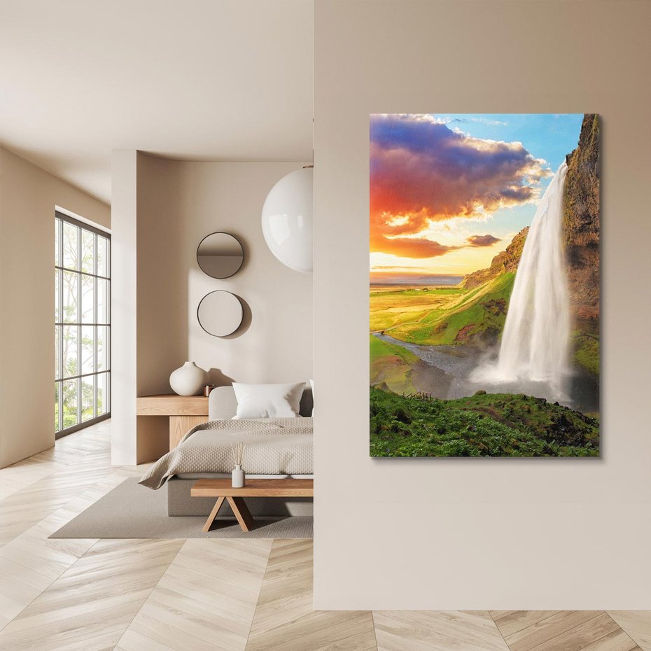 Obraz na płótnie 80x120 - Zachód słońca nad islandzkim wodospadem - Islandia, wodospad