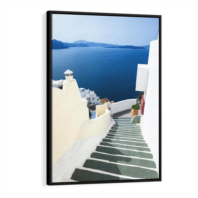 Obraz w ramie 50x70 - Malowniczy urok wyspy - Santorini, schodki - rama czarna