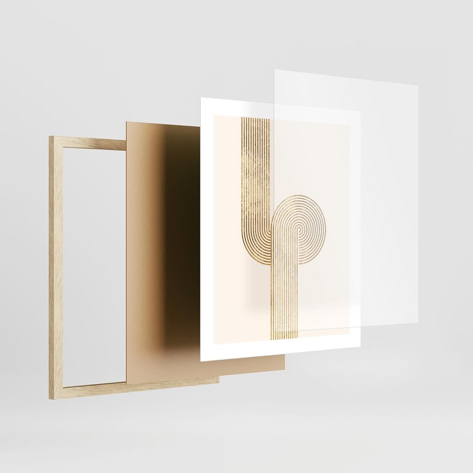 Plakat w ramie 40x50 - Podróżne Kształty - geometryczne linie w złotym kolorze, minimalizm - rama drewno
