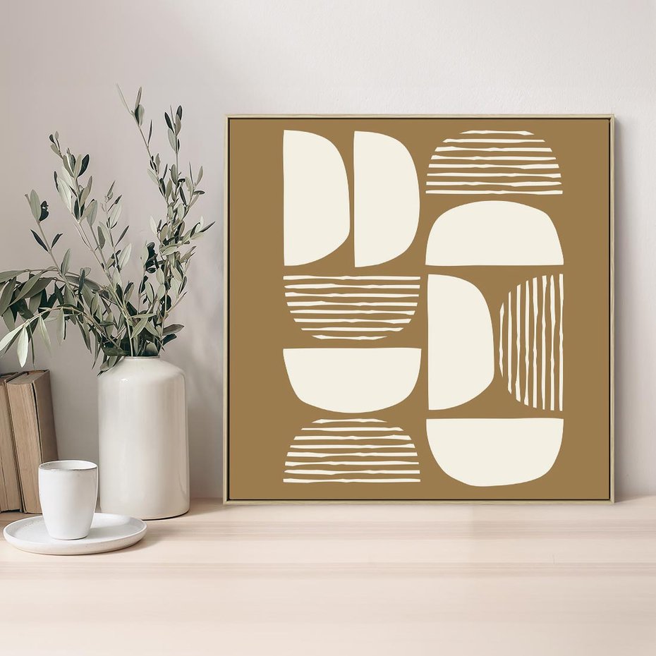 Obraz w ramie 80x80 - Wewnętrzne Spektrum - geometryczne boho kształty na brązowym, karmelowym tle - rama drewno