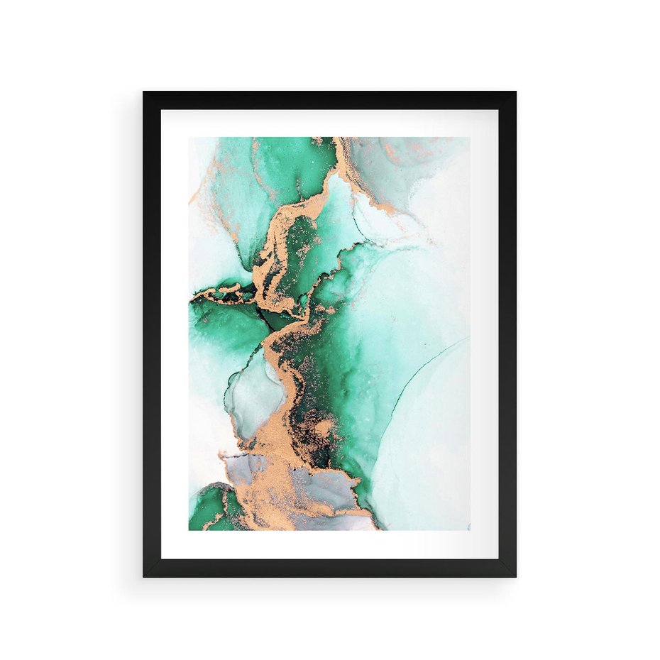 Plakat w ramie 30x40 - Marmur, Zieleń i Złoto - marmur, zieleń i złoto - rama czarna