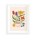 Plakat w ramie 50x70 - Kolorowe Granice - kwiaty w filizance, abstrakcja - rama biała