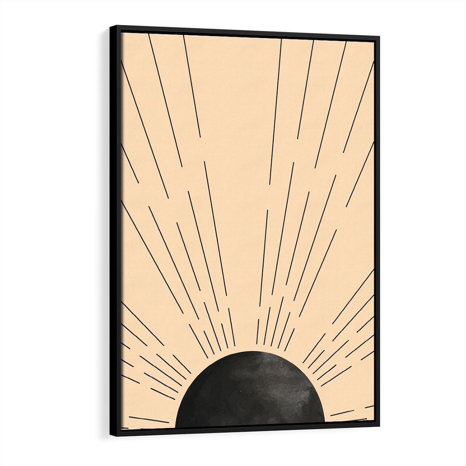 Obraz w ramie 70x100 - Migocące Kształty Promieni - boho czarne słońce, nowoczesna grafika - rama czarna