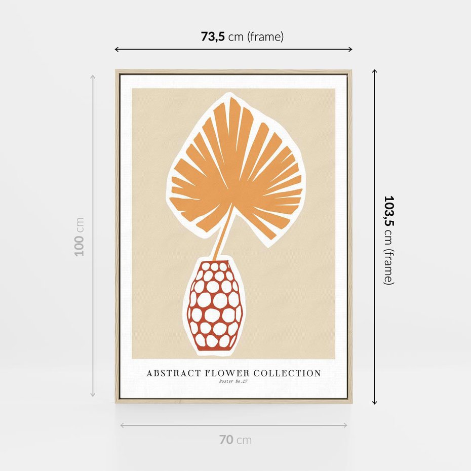 Obraz w ramie 70x100 - Kwiatowa Kreatywność - tropikalny liść w wazonie, typografia - rama drewno