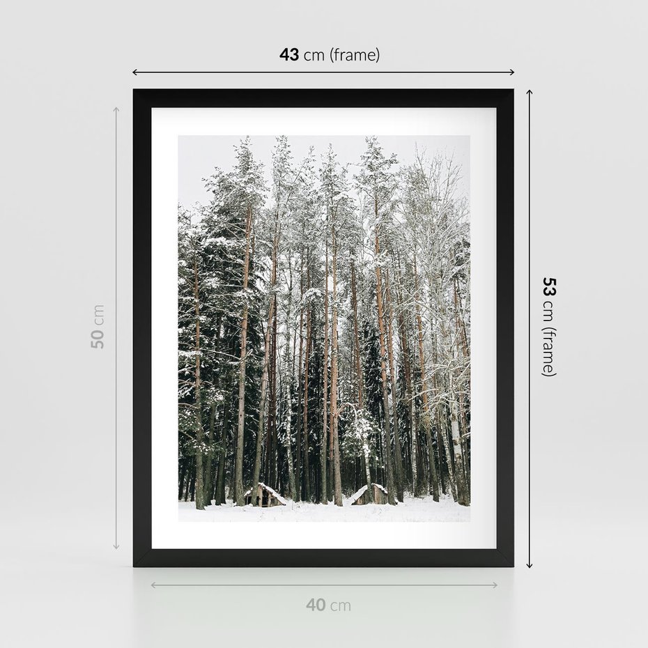 Plakat w ramie 40x50 - Sypiący Śnieg - las w zimie, drzewa pod śniegiem - rama czarna