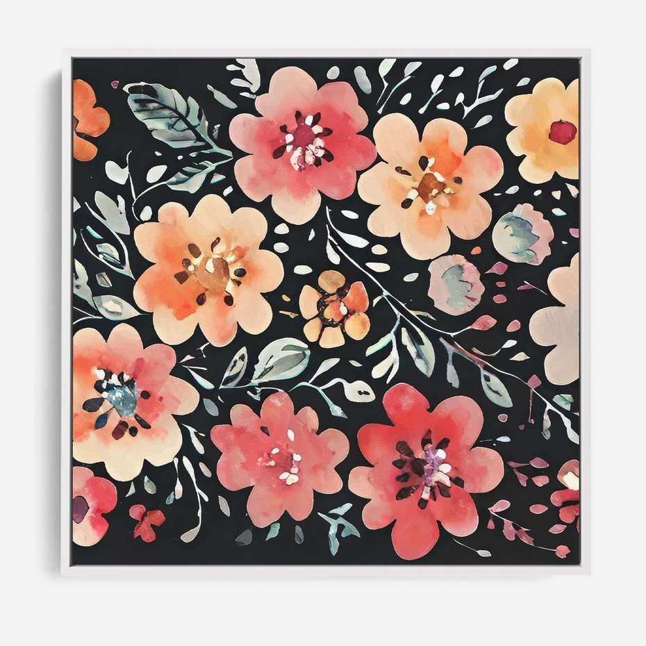 Obraz w ramie 50x50 - Labirynty melancholii - akwarelowe, pastelowe kwiaty na czarnym tle - rama biała