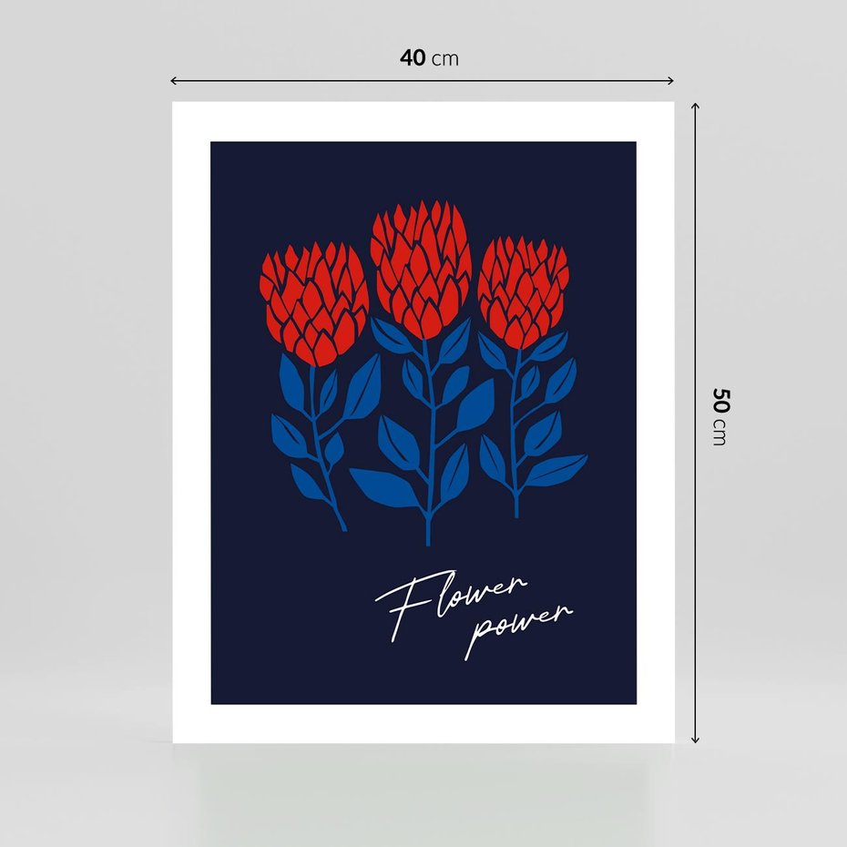 Plakat bez ramy 40x50 - Podróżne Barwy - czerwone abstrakcyjne kwiaty, granatowe tło