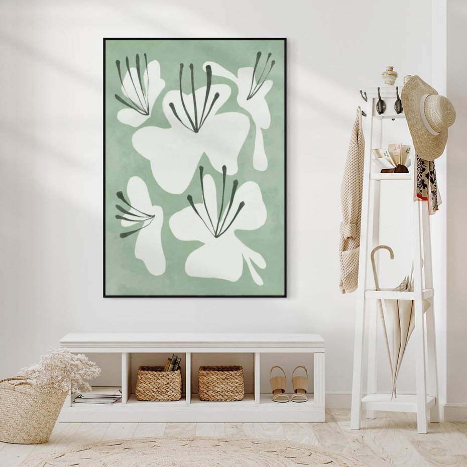 Obraz w ramie 50x70 - Rozkwitające Ukojenie - zgaszona zieleń, kwiaty - rama czarna