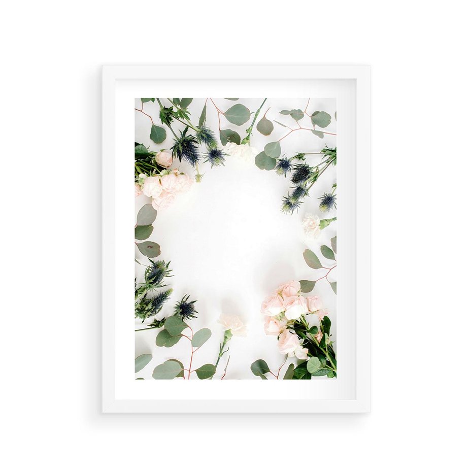 Plakat w ramie 30x40 - Róże i Zielone Liście - kompozycja kwiatowa, róże - rama biała