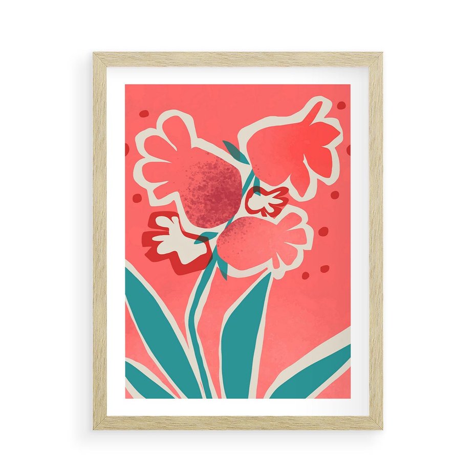 Plakat w ramie 50x70 - Rozkwitające Plamy i Formy - nowoczesny plakat, abstrakcyjne kwiaty - rama drewno