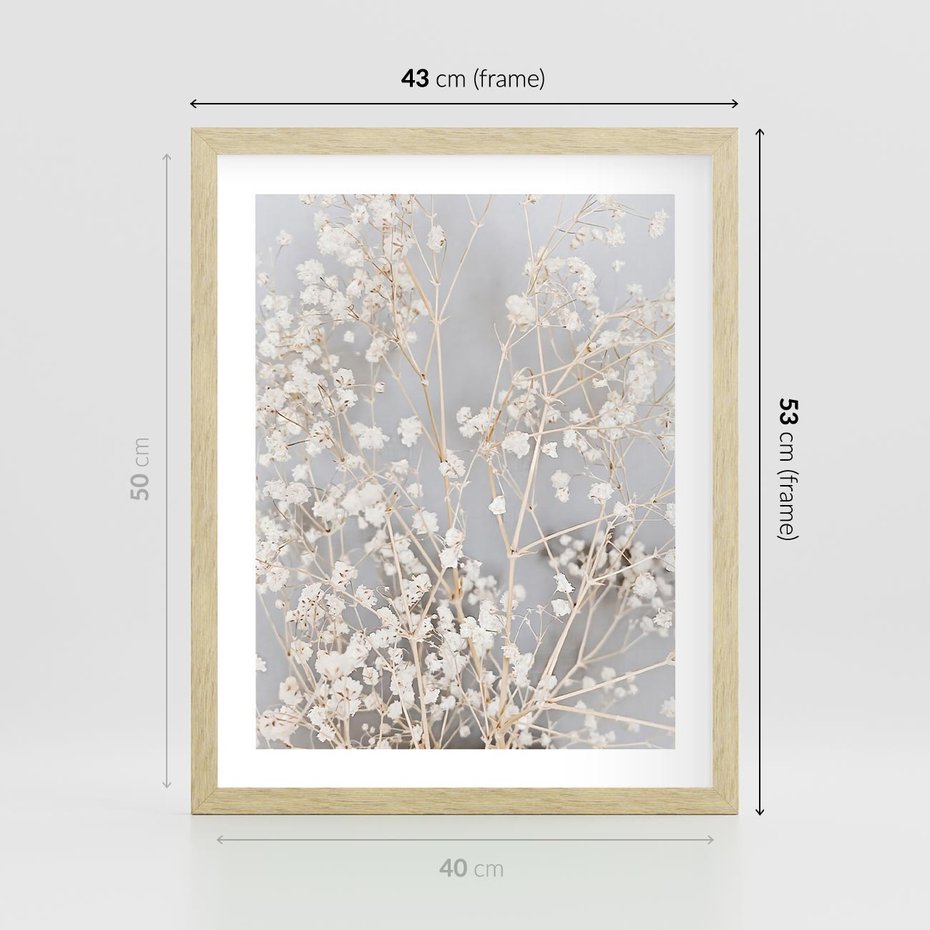 Plakat w ramie 40x50 - Białe Drobne Kwiaty - gipsówka, białe drobne kwiatki - rama drewno
