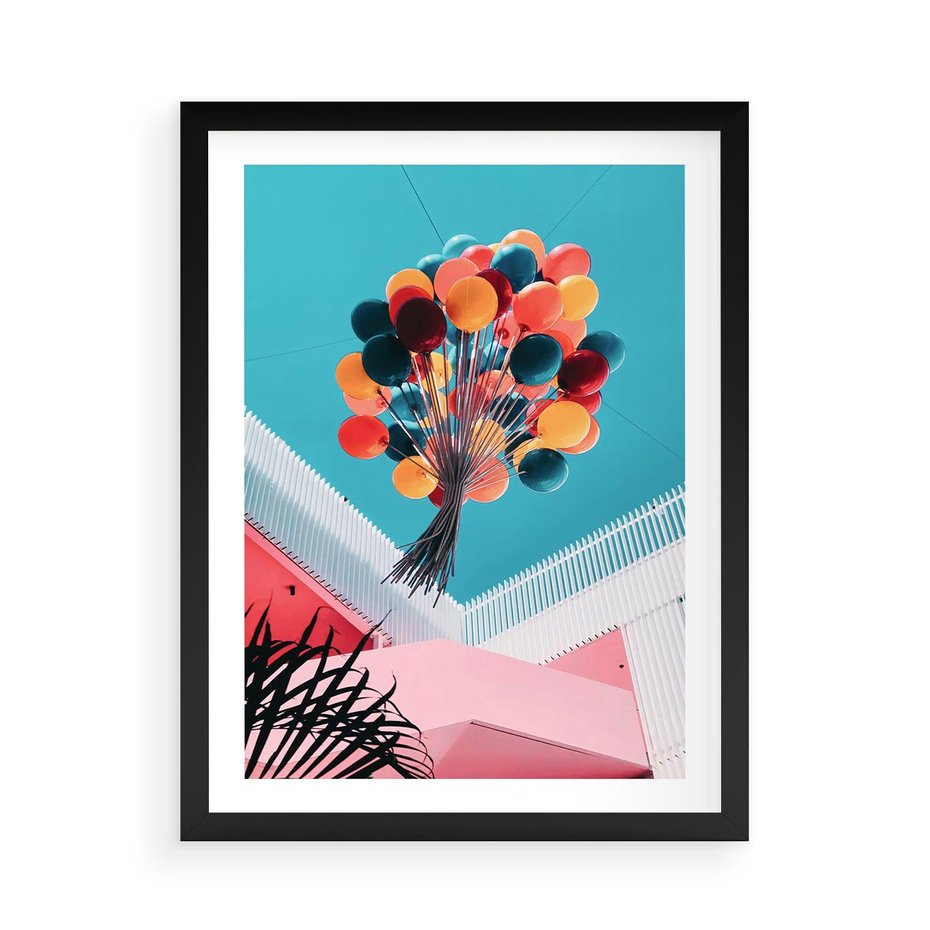 Plakat w ramie 50x70 - Kolorowe Balony Pod Niebem - kolorowe balony na tle niebieskiego nieba - rama czarna