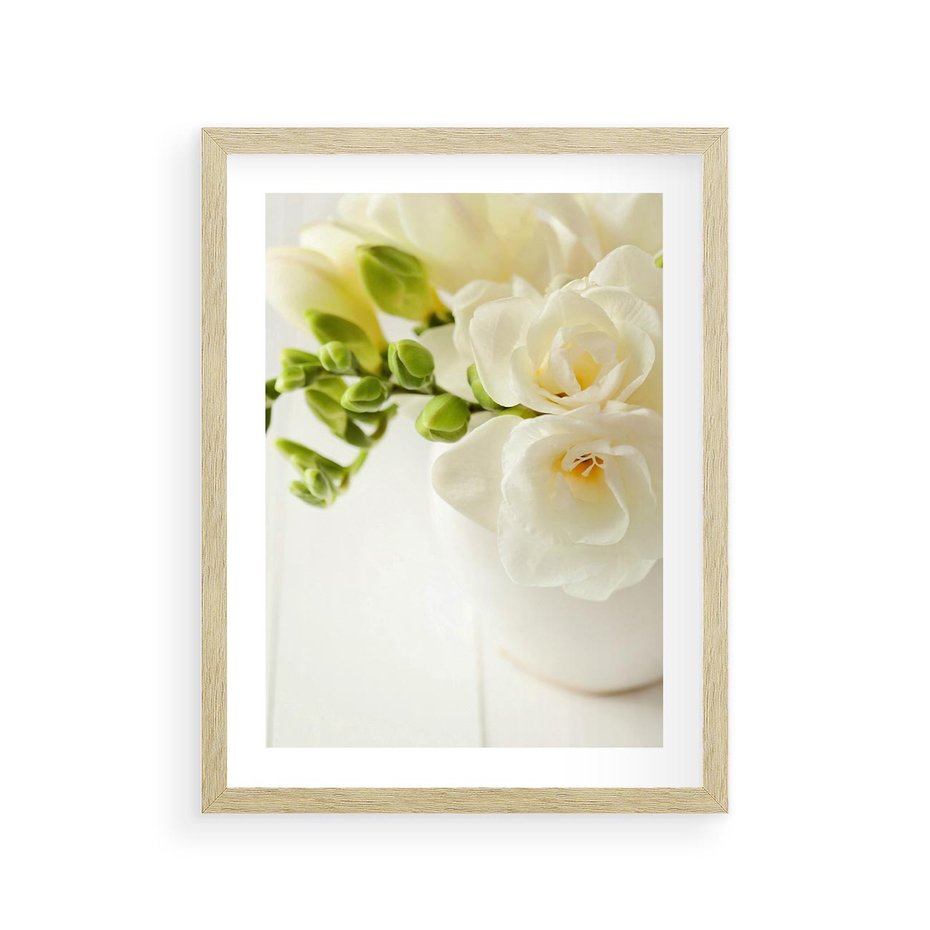 Plakat w ramie 30x40 - Subtelność białych frezji - frezja, białe - rama drewno