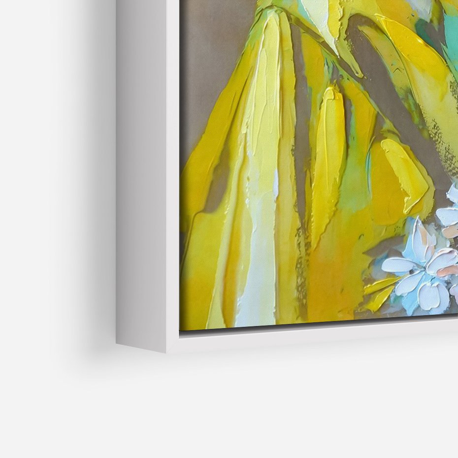 Obraz w ramie 80x120 - W Żółtej Sukience - olejny abstrakcyjny obraz, portret kobiety w żółtej sukience - rama biała