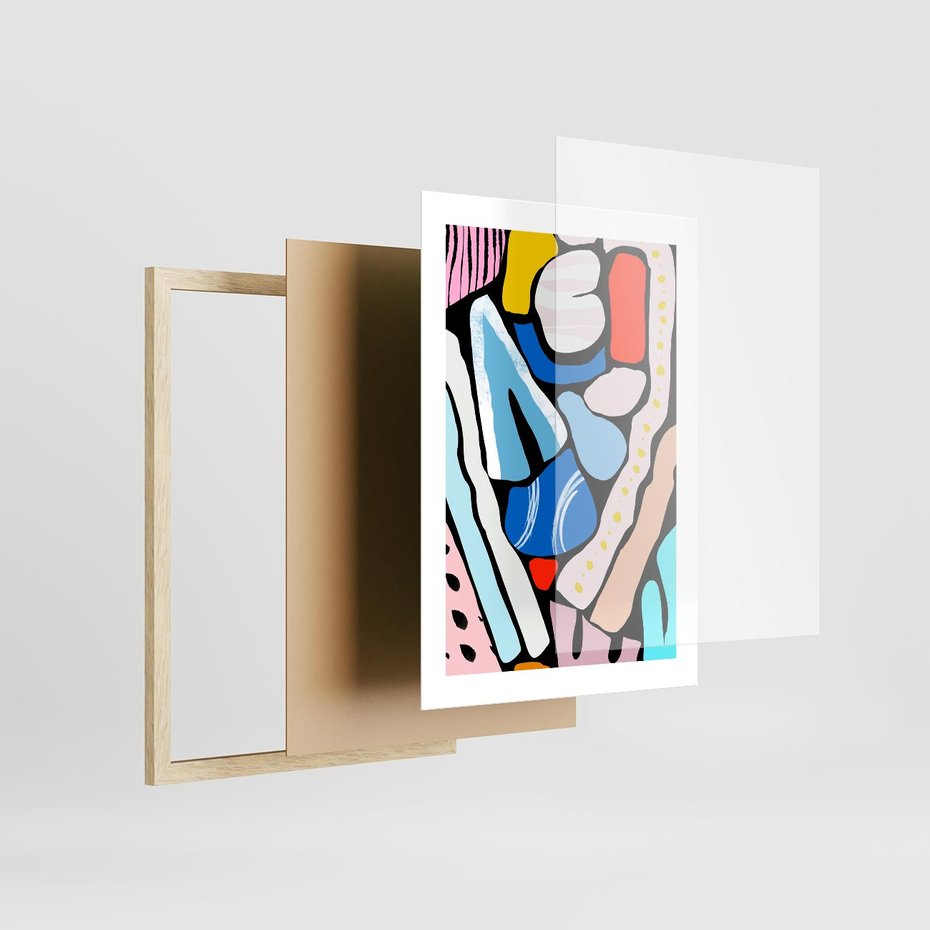 Plakat w ramie 30x40 - Kolory Na Czerni - abstrakcyjne formy, komiksowy styl - rama drewno