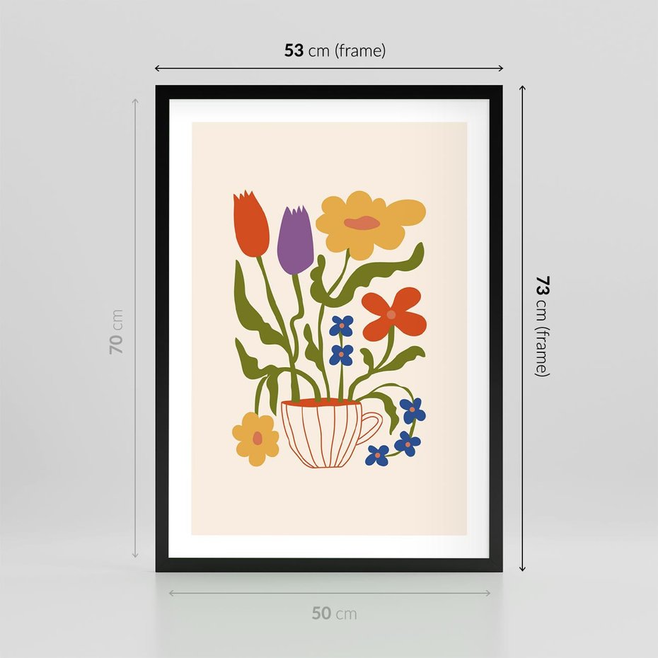 Plakat w ramie 50x70 - Kolorowe Granice - kwiaty w filizance, abstrakcja - rama czarna
