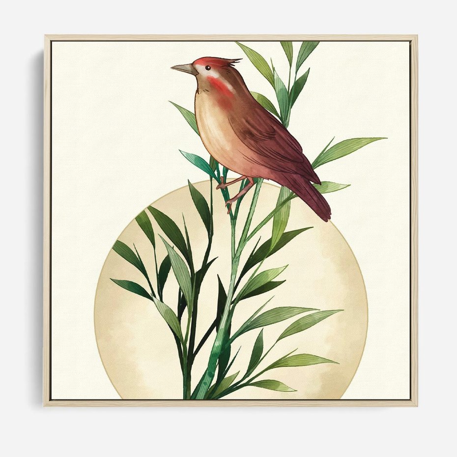 Obraz w ramie 50x50 - Rozkwitająca Delikatność - japońska sztuka, ptak - rama drewno