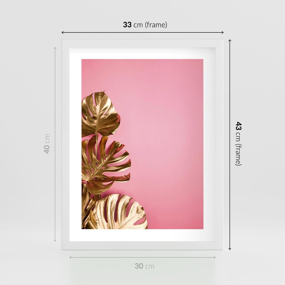 Plakat w ramie 30x40 - Luksusowa Elegancja - złote, liście - rama biała