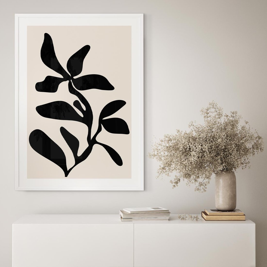 Plakat w ramie 30x40 - Wibracje Akwarelowych Ścieżek - abstrakcyjny minimalistyczna kwiat, czarno biały plakat - rama biała