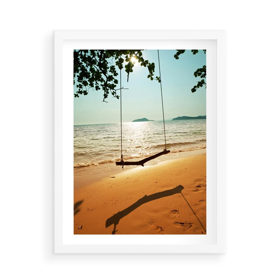 Plakat w ramie 50x70 - Tropikalna plaża i huśtawka - plaża, tropiki - rama biała