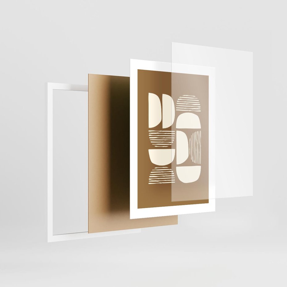 Plakat w ramie 30x40 - Wewnętrzne Spektrum - geometryczne boho kształty na brązowym, karmelowym tle - rama biała