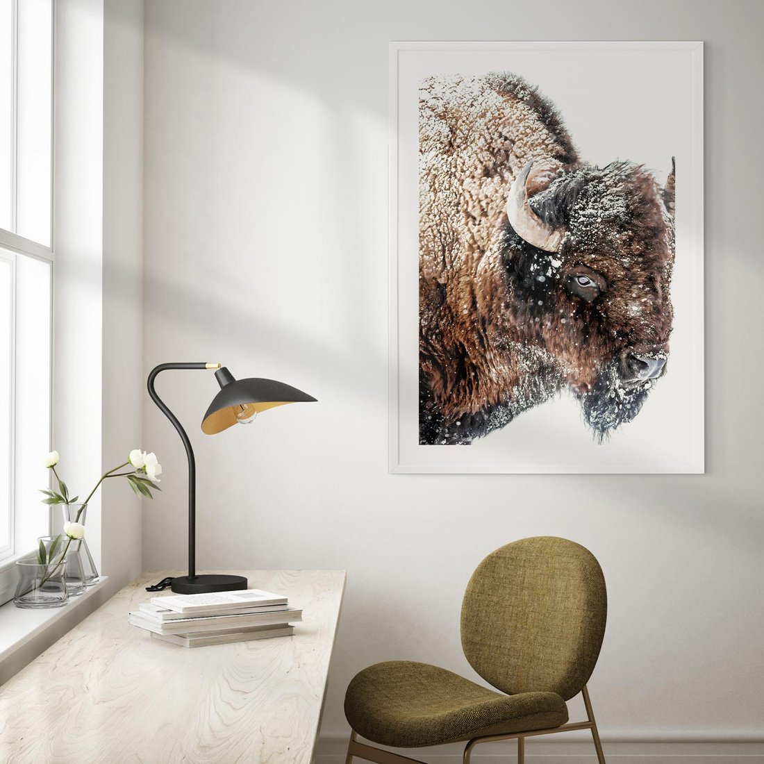 Plakat bez ramy 30x40 - Obraz Dzikiej Przyrody w Śnieżnym Otoczeniu - żubr, śnieg