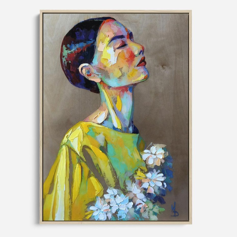 Obraz w ramie 50x70 - W Żółtej Sukience - olejny abstrakcyjny obraz, portret kobiety w żółtej sukience - rama drewno