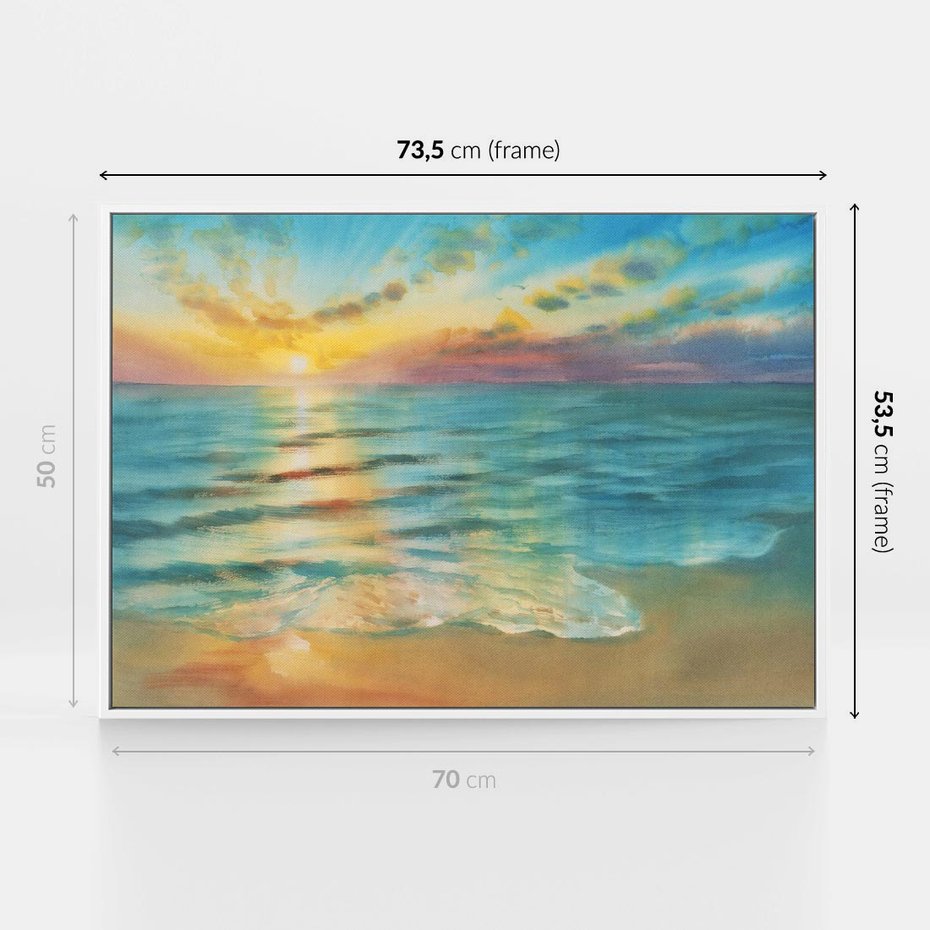 Obraz w ramie 70x50 - Objawienie Fioletowego Świtu - fioletowy wschód słońca, słońce wschodzi nad morzem - rama biała